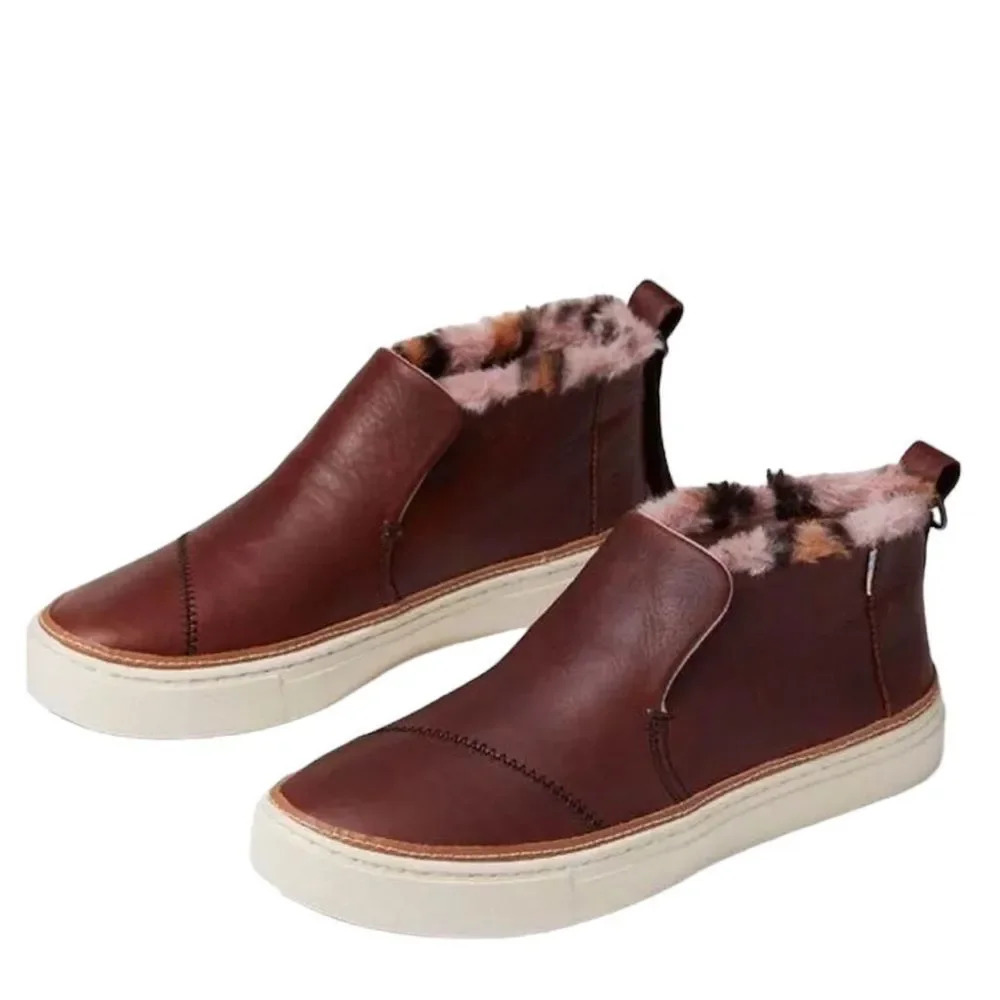 Toms Brown Leather Ankle Boots with Pink Fur Lining